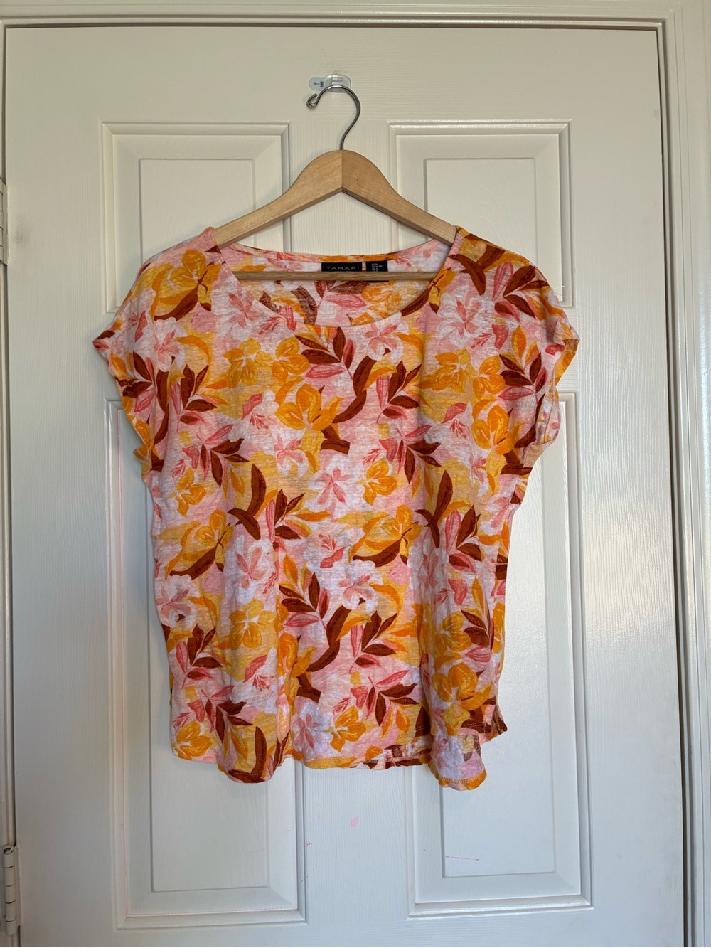 Tahari Floral Short Sleeve Tee in Pink, Yellow & Brown